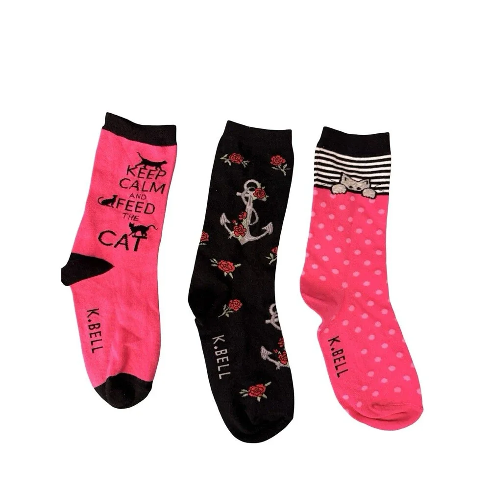 Women’s Cat Socks 3 Pair Lot Anchor Roses Pink Novelty K.bell New Size 4-10